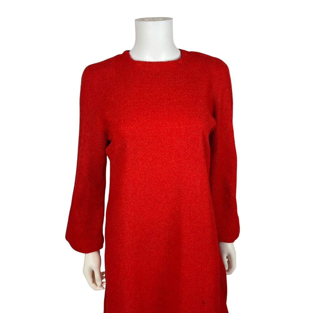 Vintage 70s Tweed Dress Womens Large Long Bell Sleeves Red Orange Woven Mini - Picture 3 of 10